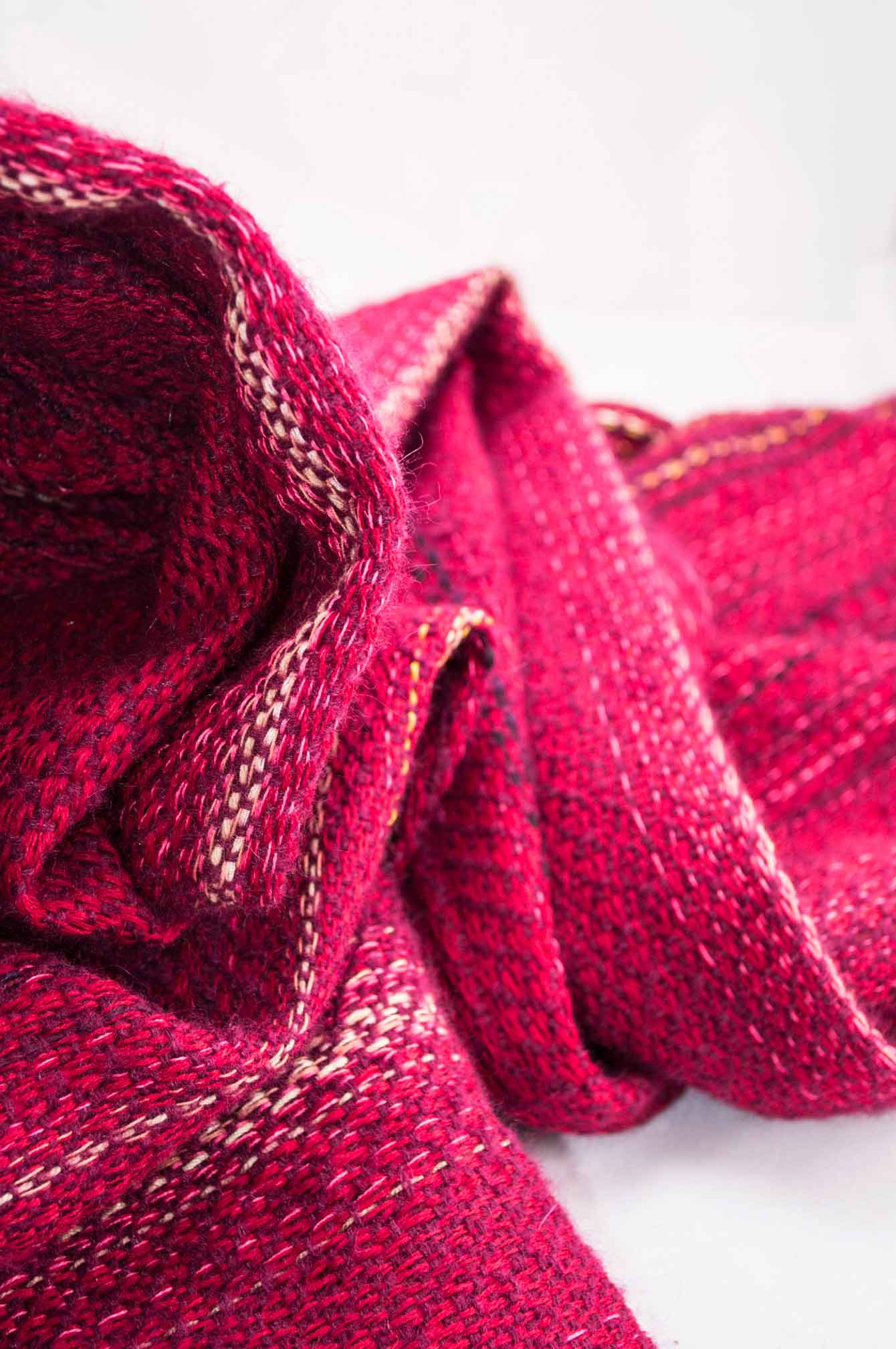 Throw blanket created with violet mohair, cashmere, wool, cotton, and linen.   Technique: Throw blanket hand-woven in a traditional way on non-mechanical looms in the 7th arrondissement of Paris in France.  Finishes: Right edge. Double stitching. 2 edges with 9 cm wool fringes.  Size: 150 x 235 cm.  Single piece / 1 copy only.